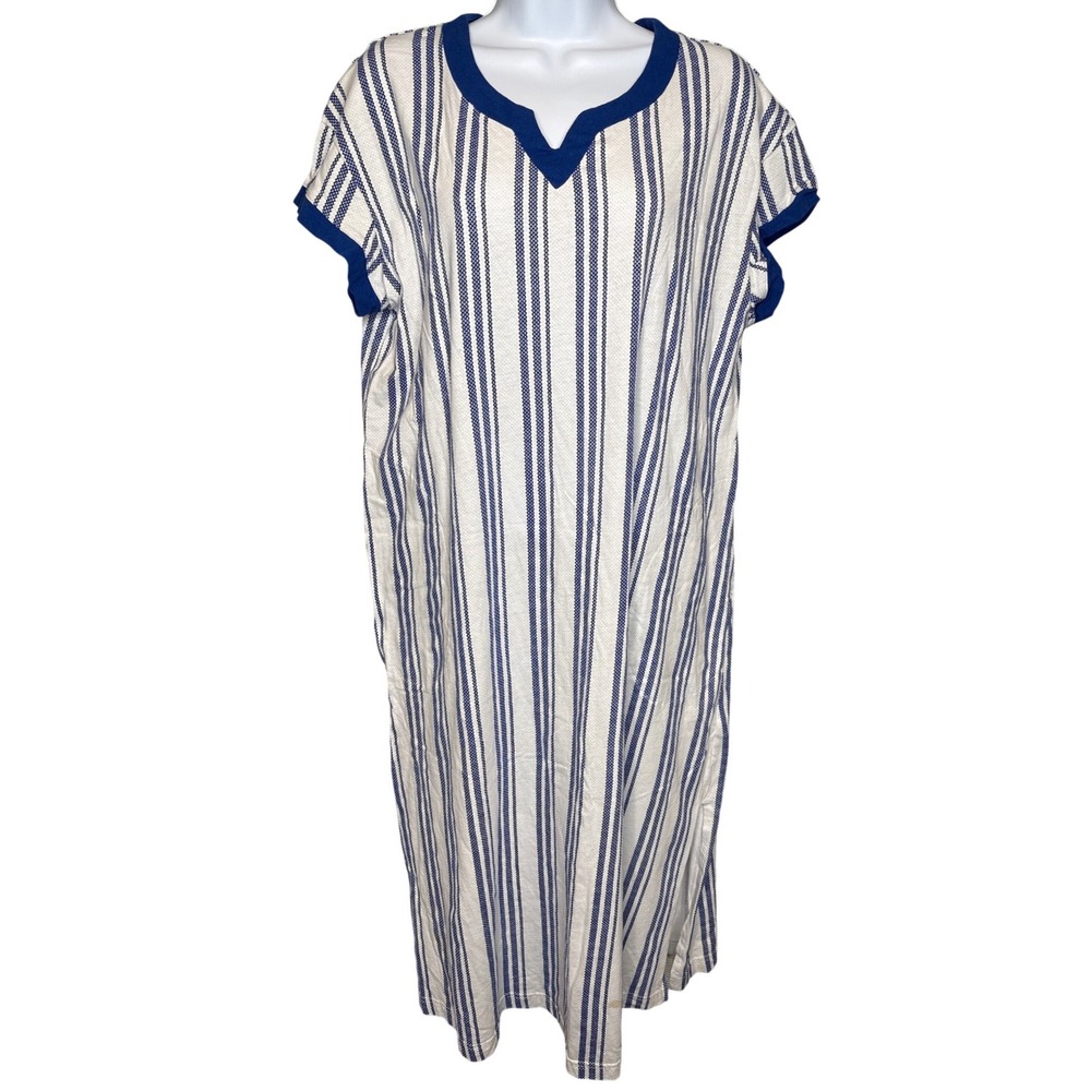Stan Herman Womens Blue Striped Cotton Caftan Dress Sz PM Loungewear Nautical
